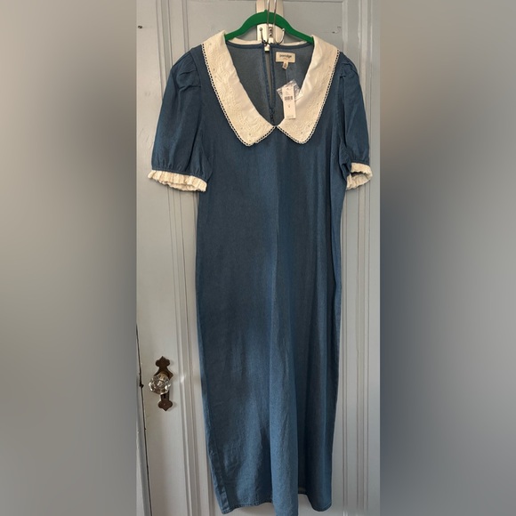 NWT M 100% Cotton Denim Porridge Anthropologie Midi Dress White Cotton Lace Trim - Picture 4 of 9